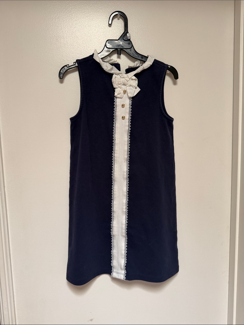 Janie and Jack Navy Dress with White Ruffle Bow and Front Placket